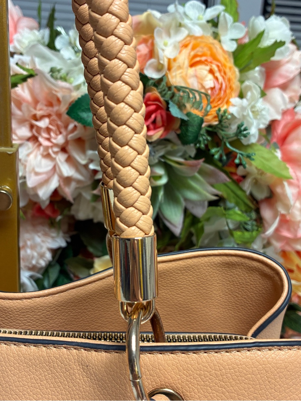Structured Satchel Tan Braided Handles Tassel Crossbody Tote Bag - Picture 3 of 15